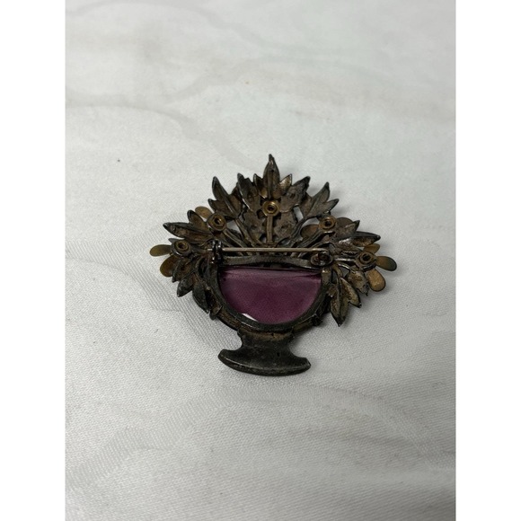 Vintage Art Deco Floral Brooch 1930s Beveled Amethyst Glass Urn Brass Bouquet - Picture 2 of 10